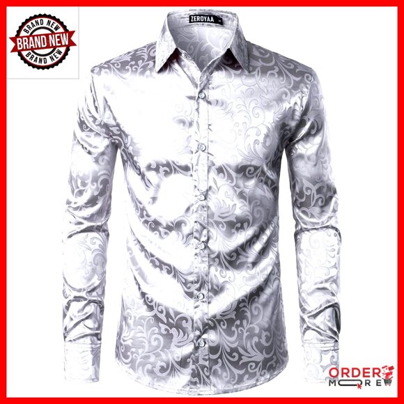 Men's Slim Fit Jacquard Dress Shirt Long Sleeve Satin Wedding Party